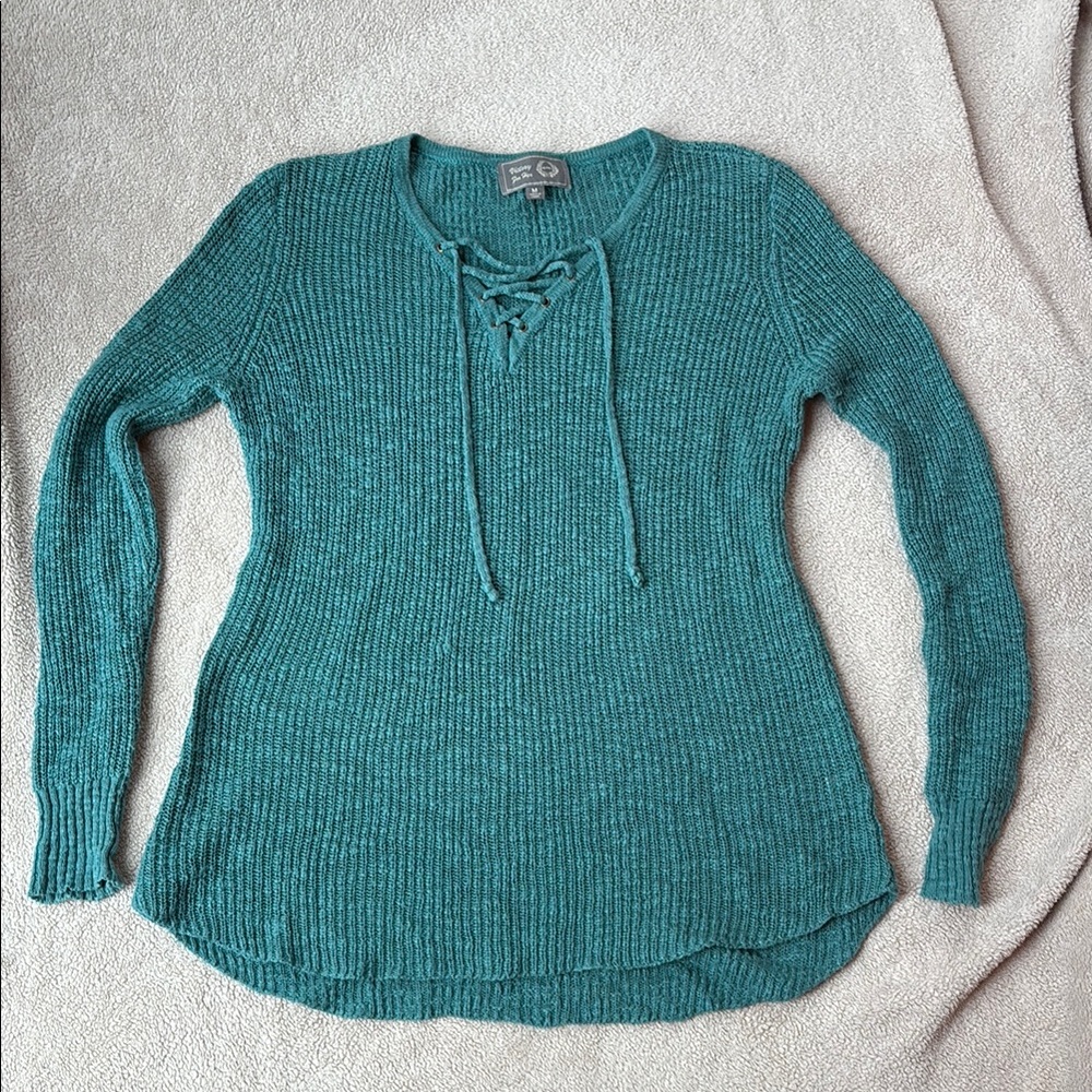 Teal Lace Up Casual Sweater